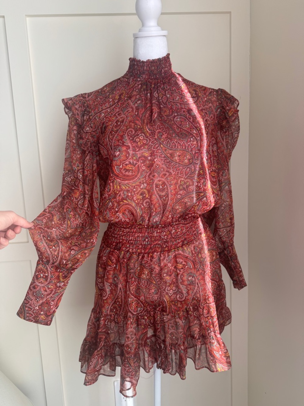 Misa Los Angeles Red Paisley Smocked Waist Long-Sleeve Mini Dress